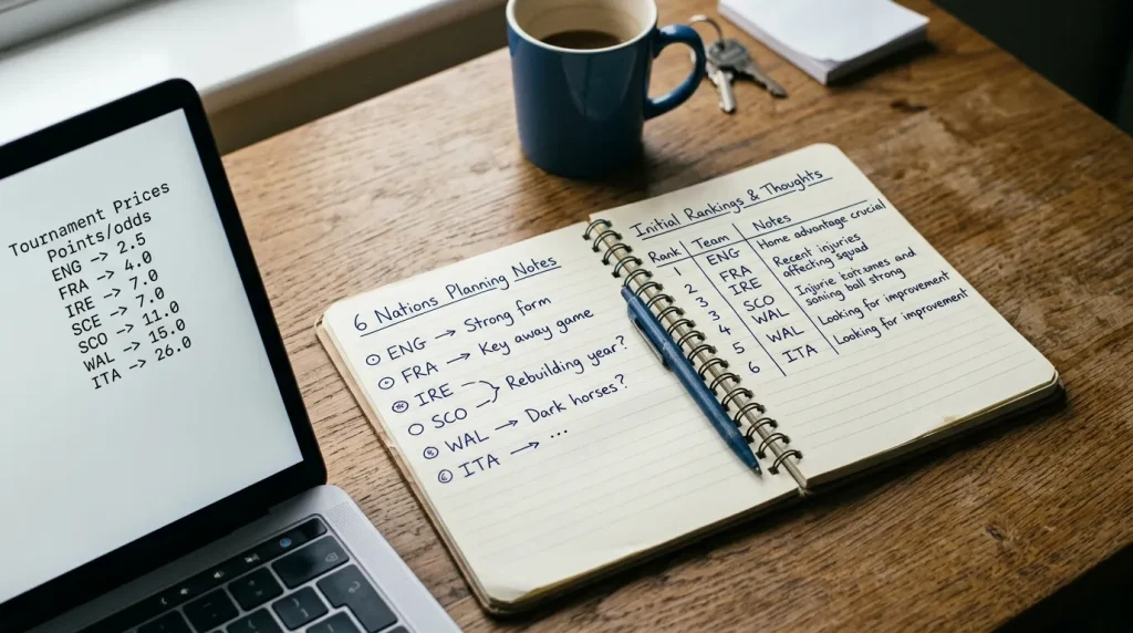 Open notebook with handwritten Six Nations team rankings beside a laptop showing tournament outright prices