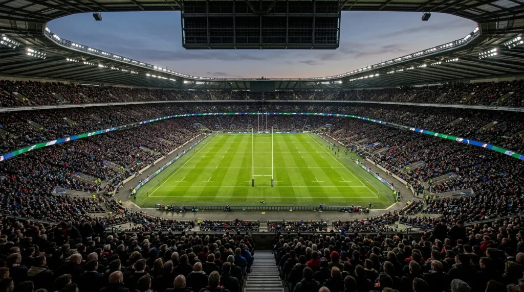 Packed rugby stadium crowd during a Six Nations international match