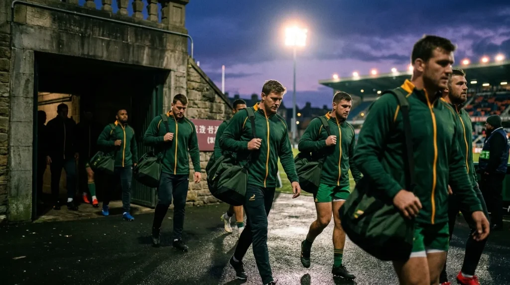 South African rugby squad walking out of a tunnel into a European stadium at twilight