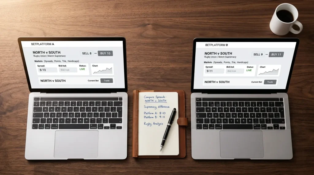 Two laptop screens side by side comparing UK rugby spread betting platforms with different supremacy quotes