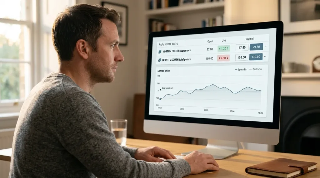 Spread betting punter monitoring live rugby positions on a desktop screen with a simple line graph of price movement