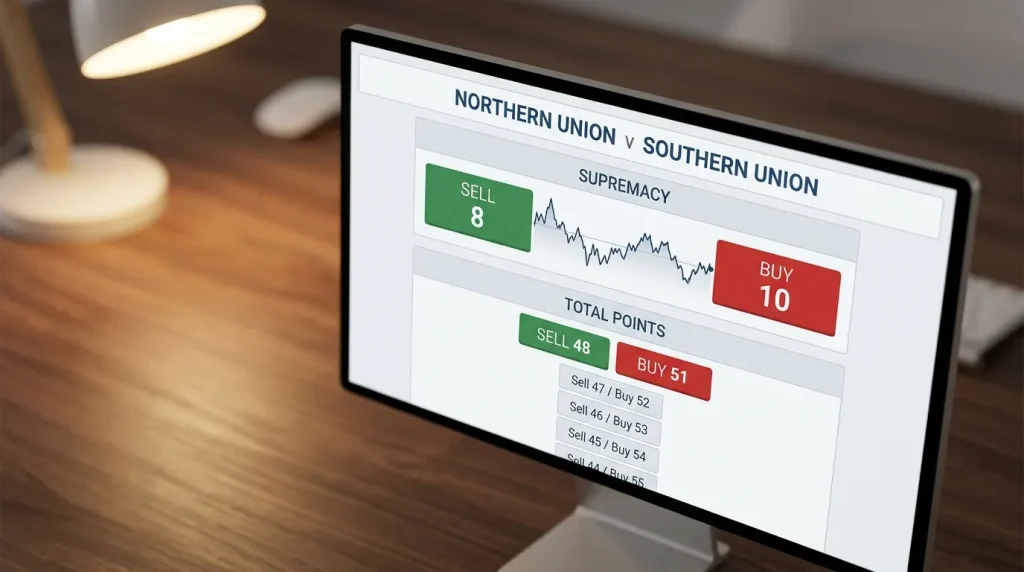 Spread betting quote display monitor showing buy and sell prices for rugby supremacy