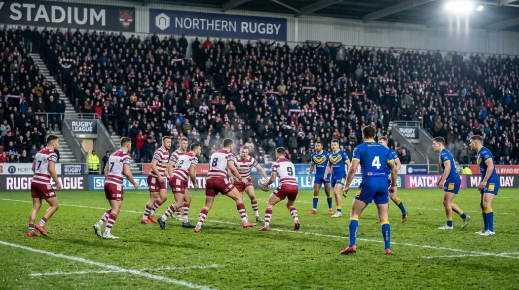 Betfred Super League rugby league match under stadium floodlights with home crowd