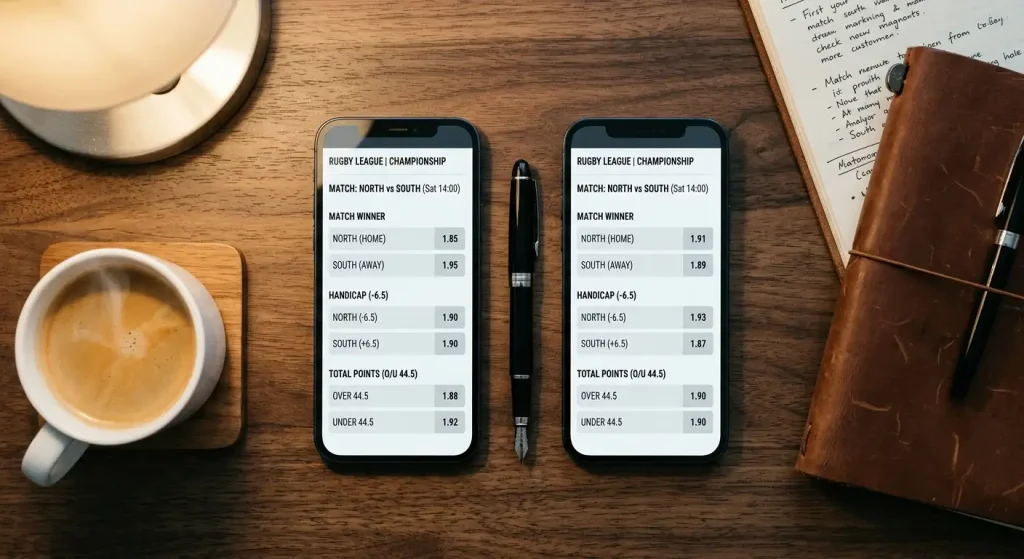 Two phone screens side by side comparing Super League match odds across UK rugby betting sites