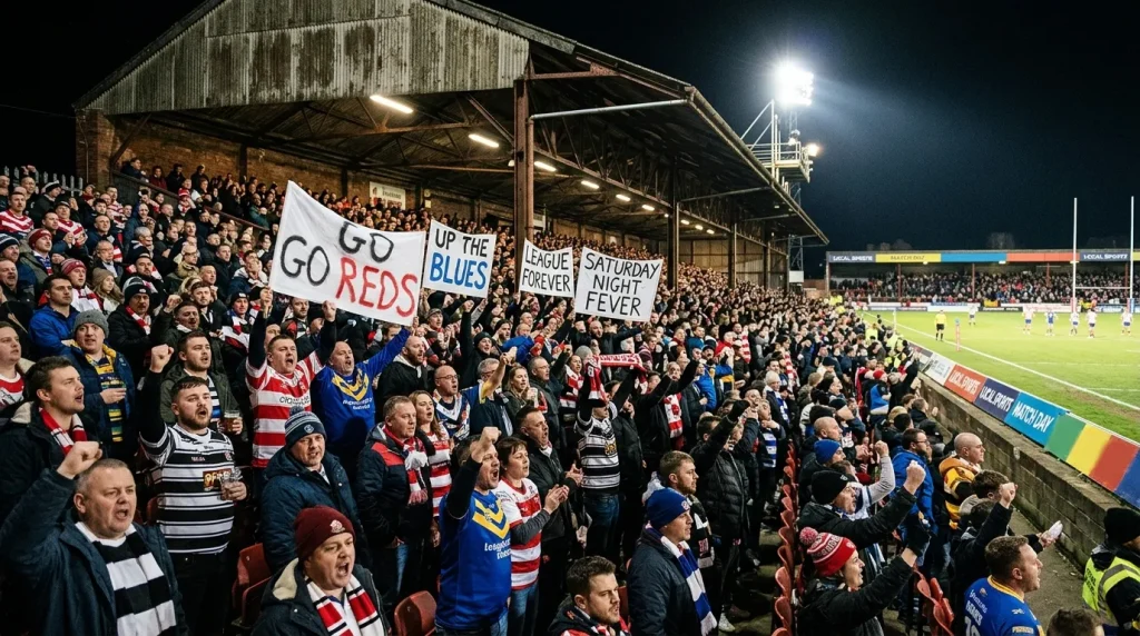 Super League rugby league supporters packed into a northern English stadium on a Friday night fixture