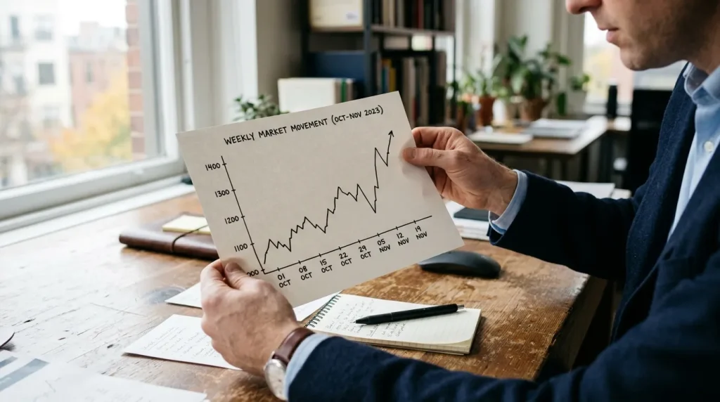 Analyst studying a simple printed line chart of betting market movements at a desk