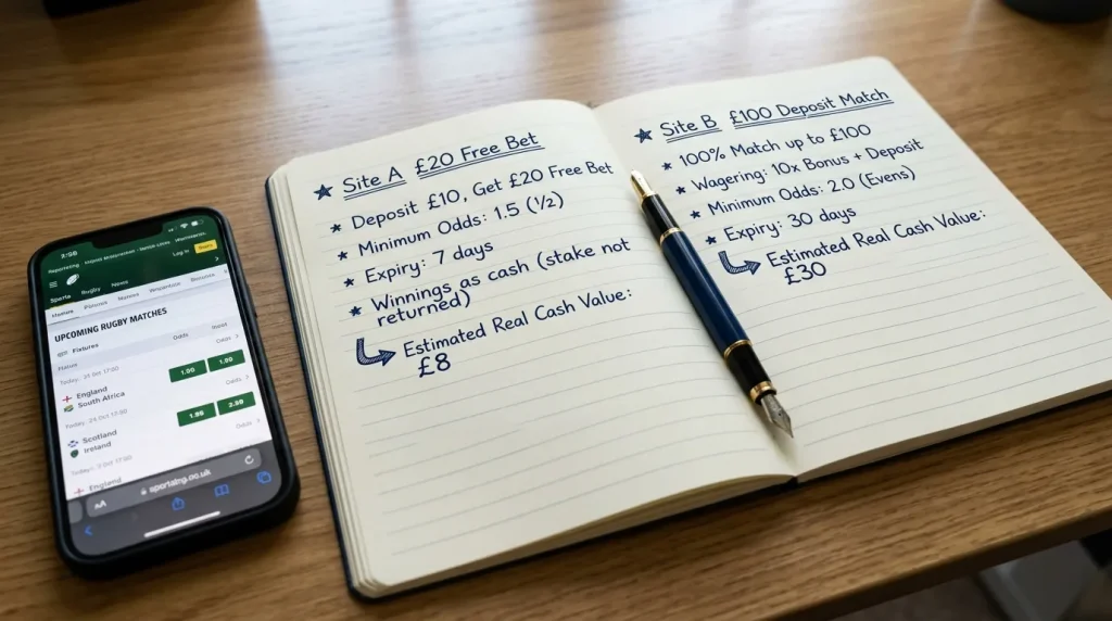 Notebook with comparison notes weighing real cash value of two rugby welcome bonuses
