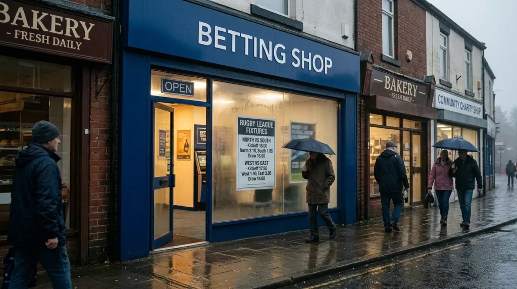 UK high-street bookmaker shop front with rugby league fixture odds displayed in the window