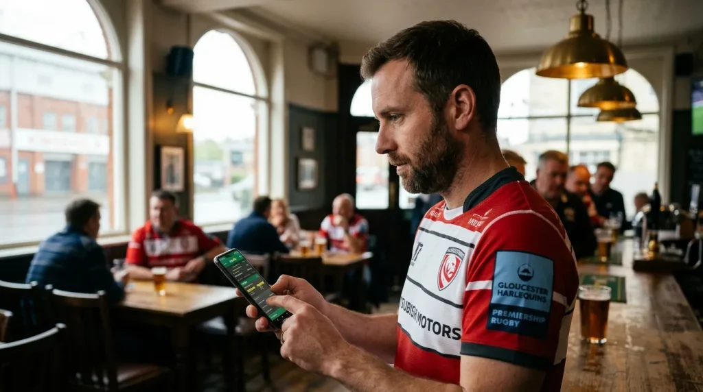 UK rugby supporter placing a bet on a fully regulated sportsbook ahead of a Premiership fixture