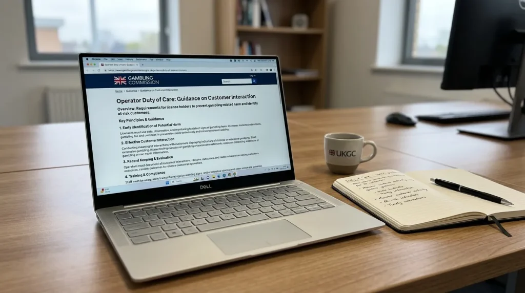 UK Gambling Commission guidance document on operator duty of care open on a laptop screen