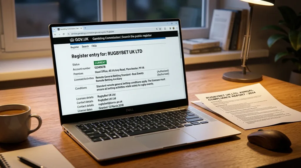 UK Gambling Commission public register search result for a licensed rugby betting operator