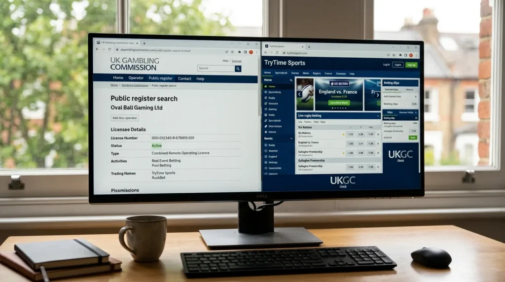 UK Gambling Commission licence verification page open beside a rugby betting interface