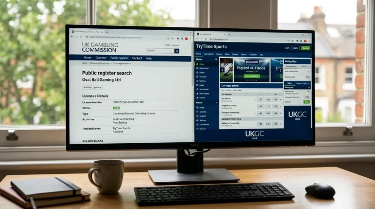 UK Gambling Commission licence verification page open beside a rugby betting interface
