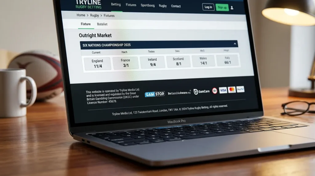 UK regulated sportsbook footer showing UKGC licence details beside a rugby outright market