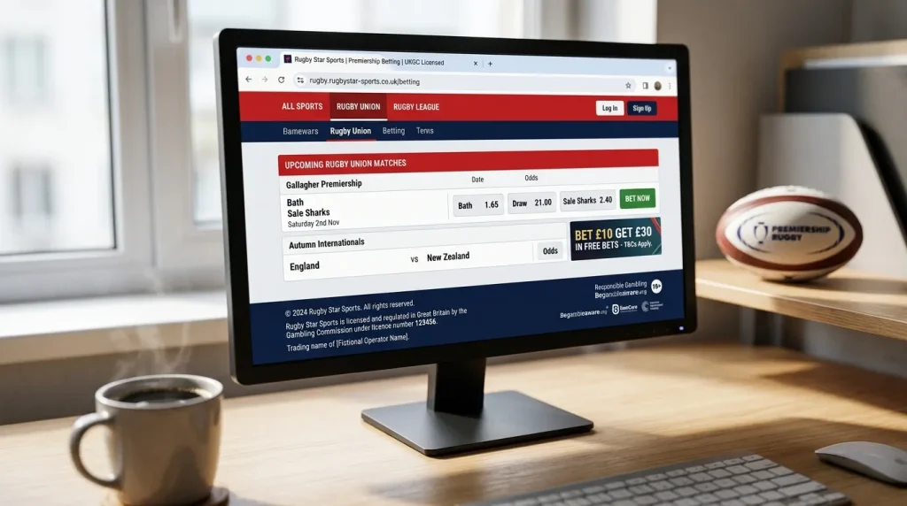 UKGC licensed rugby sportsbook page open on a desktop showing licence number in the footer
