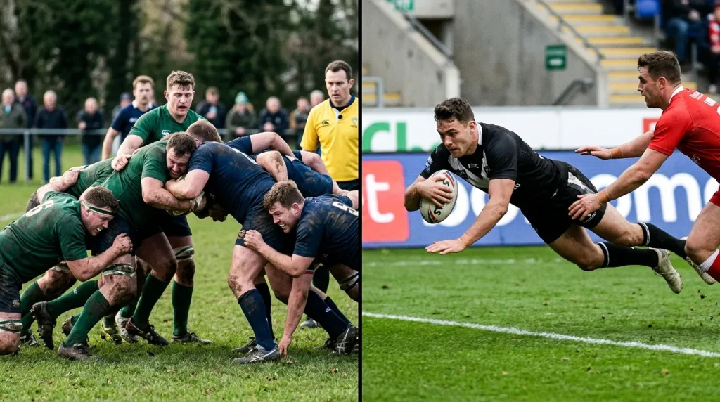 Split image of rugby union and rugby league action side by side showing scoring play in each code