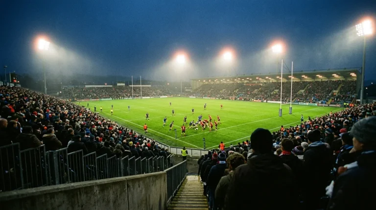 Floodlit URC match in progress at a packed Celtic stadium with mist drifting across the pitch