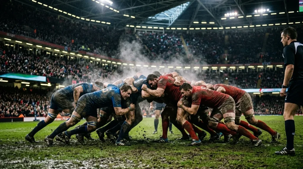 Two URC packs colliding at a knockout-stage scrum under floodlights