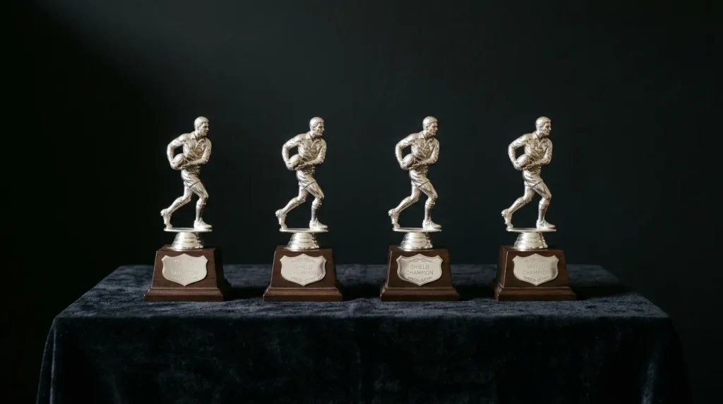 Rugby trophy display representing the four URC regional shields on a velvet plinth
