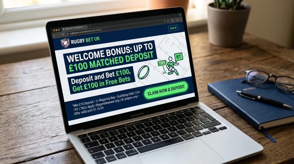 Rugby welcome bonus landing page open on a laptop showing headline deposit-match terms