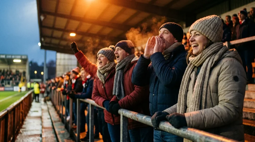 Welsh rugby supporters in red scarves cheering from a regional stadium stand