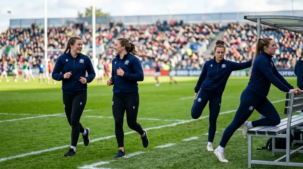 Women's rugby substitutes warming up along the touchline before coming on