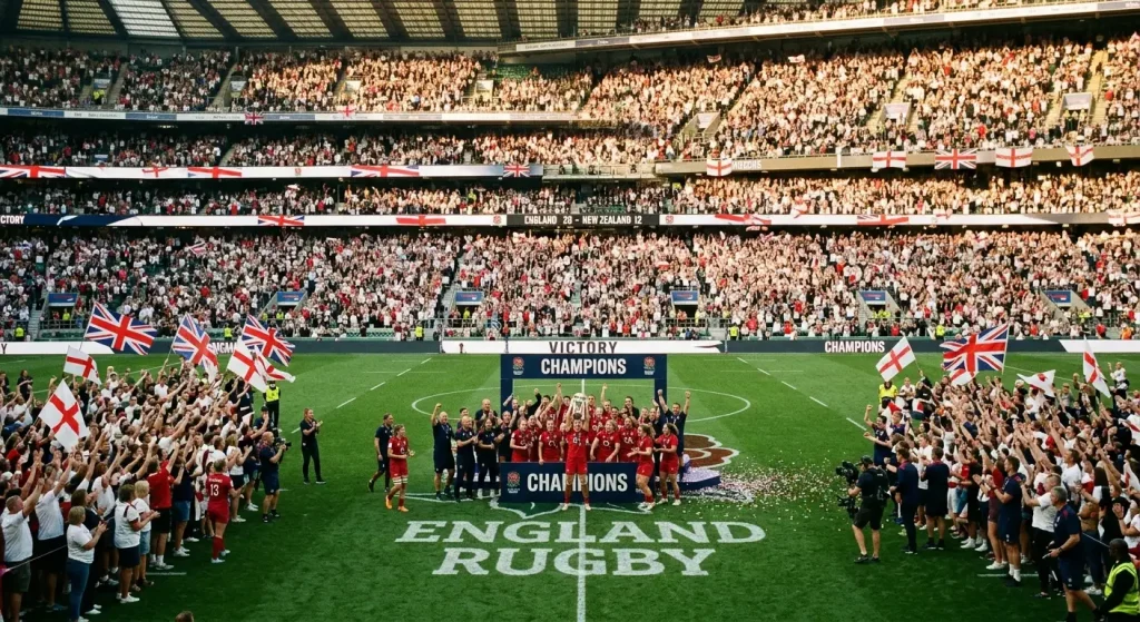 Packed Twickenham crowd cheering as a women's rugby team celebrates on the pitch after a famous victory