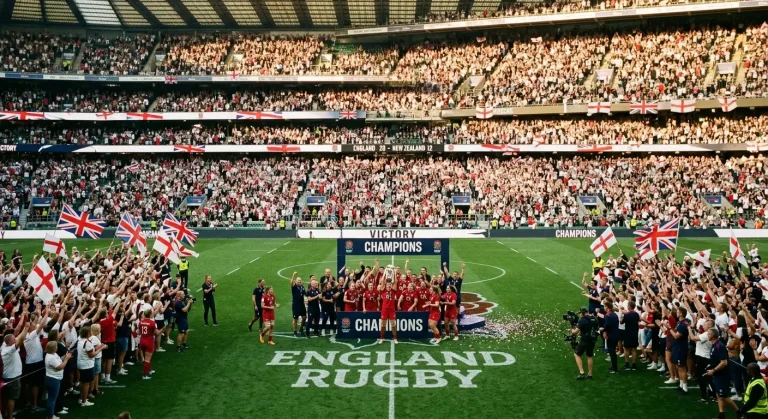 Packed Twickenham crowd cheering as a women's rugby team celebrates on the pitch after a famous victory