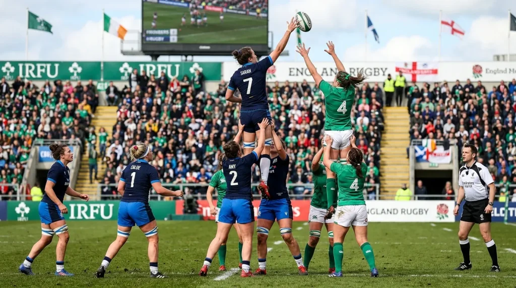 Women's rugby lineout with both sides reaching for the ball in a Test match