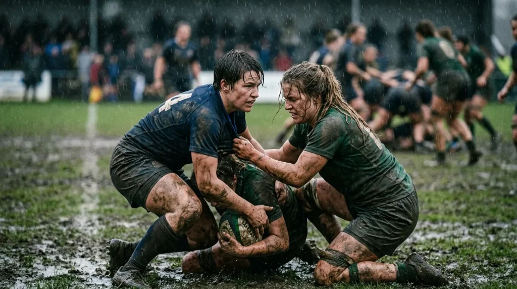 Women's rugby team playing in heavy rain with wet kit and a sodden pitch