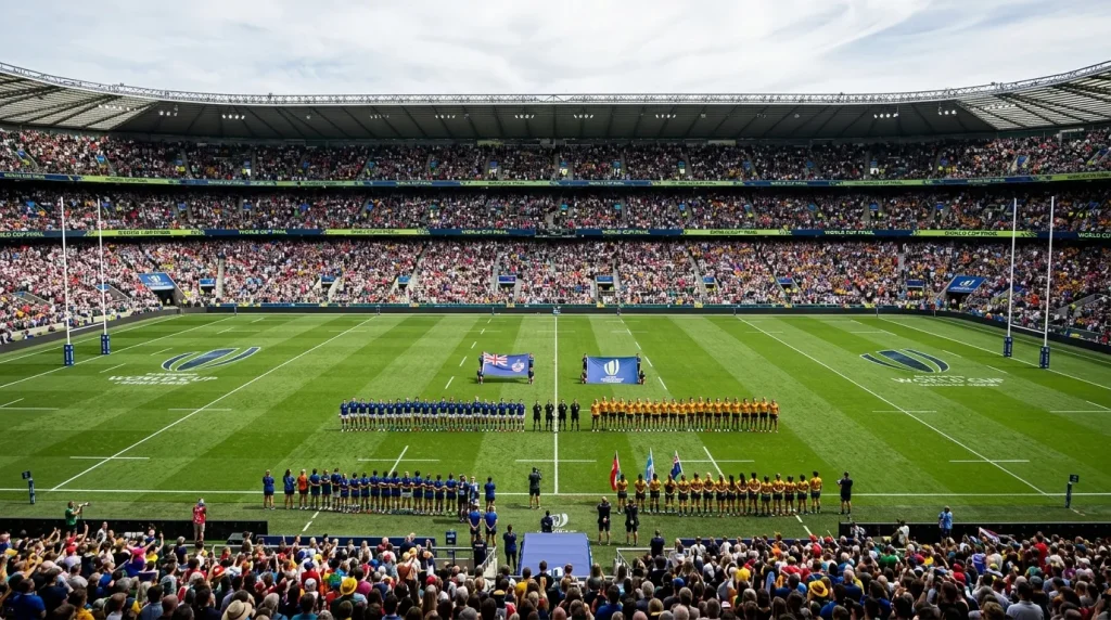 Wide shot of the 2025 Women's Rugby World Cup final crowd at Twickenham