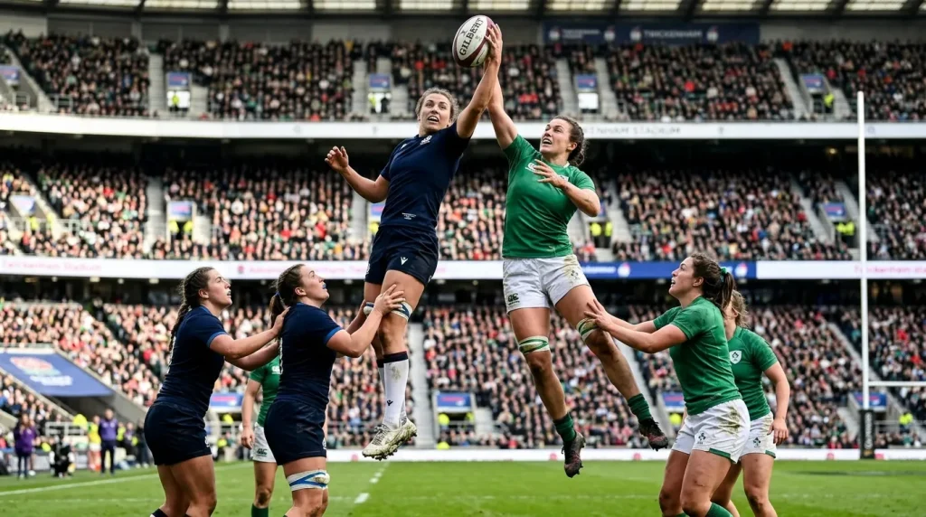 Women's rugby international match in front of a record stadium crowd