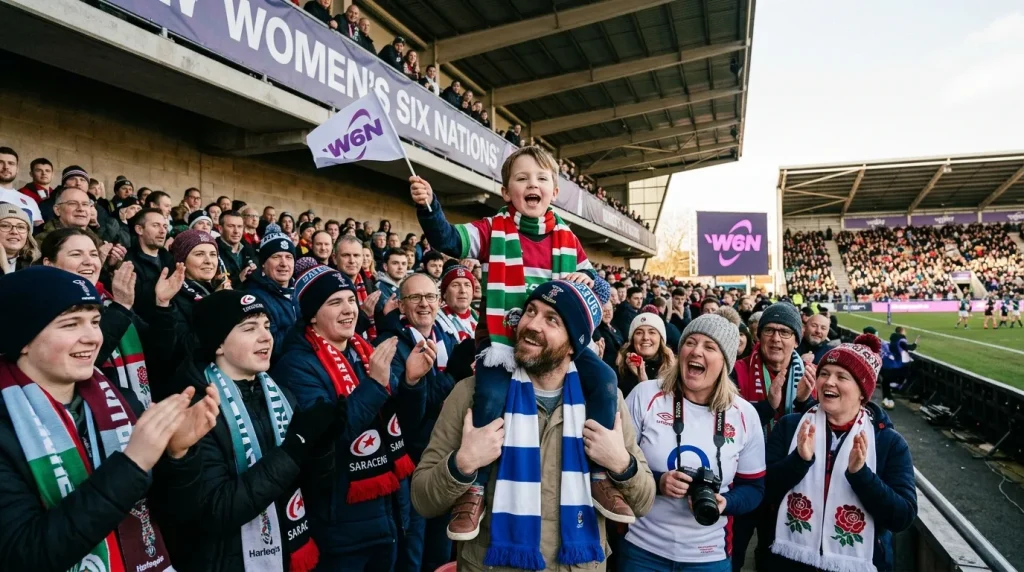 Women's Six Nations match in a UK stadium with family supporters in scarves